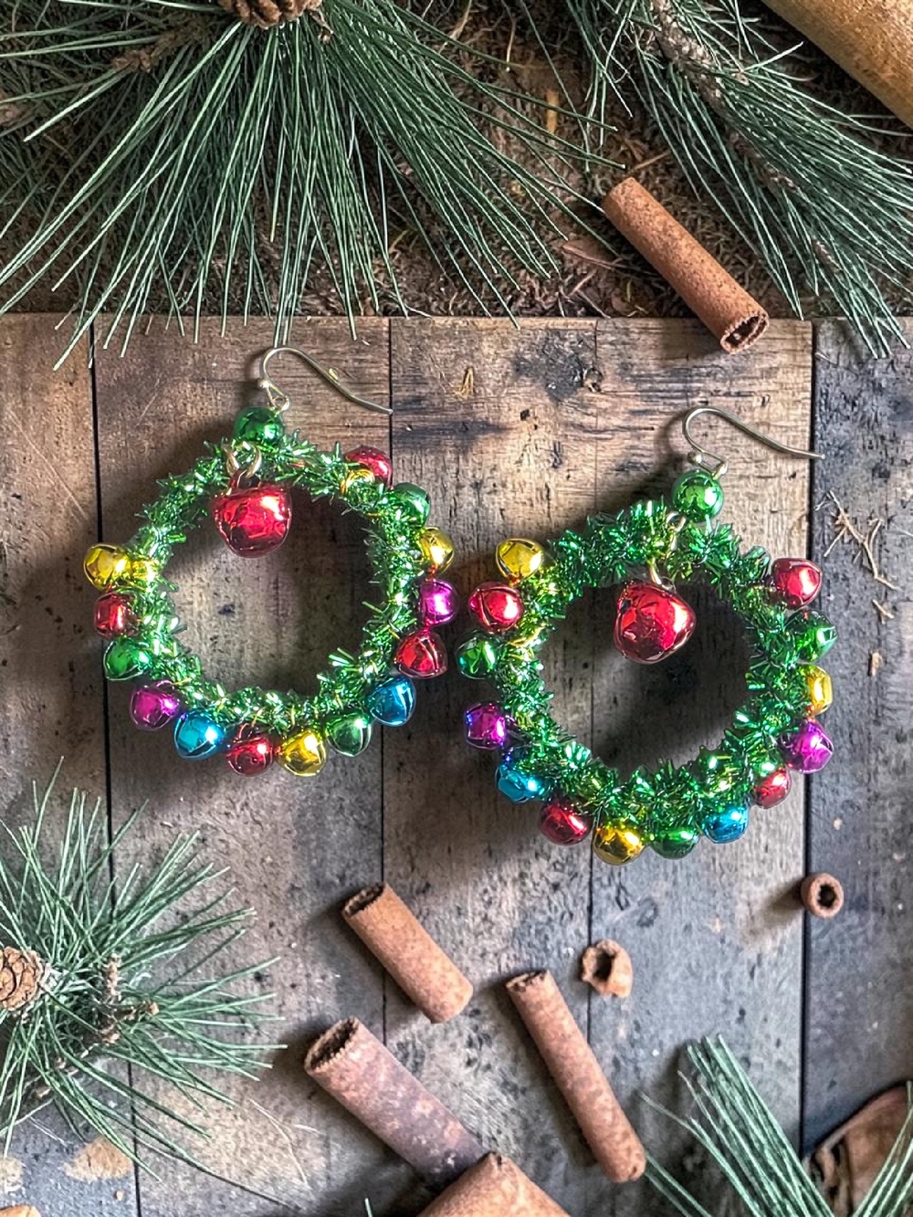 Christmas Wreath Tinsel Hoop Earrings Multicolor Jingle Bells